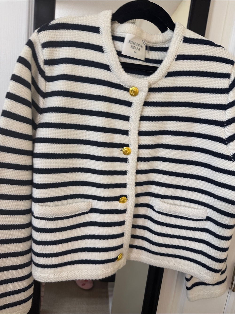 Avenue House Striped Knit Cardigan - White & Navy with Gold Buttons